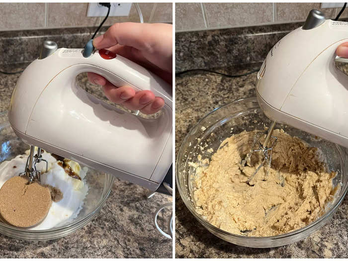 In a separate bowl, I added the butter, granulated sugar, packed brown sugar, and vanilla extract together. Then, I beat them together with an electric mixer.