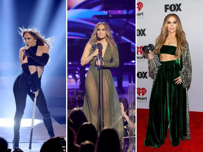 Jennifer Lopez won the Icon award and performed at the awards. She wore three outfits, including a catsuit, a sheer gown, and velvet matching top and pants.