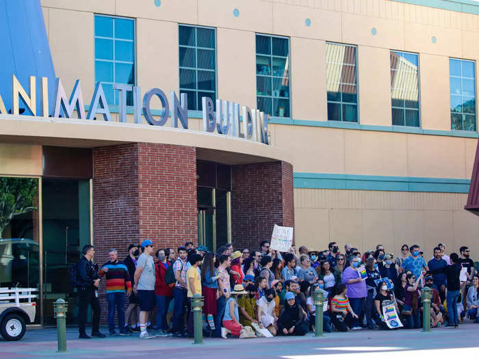 In California, dozens of employees gathered outside the Walt Disney Animation studio in protest.