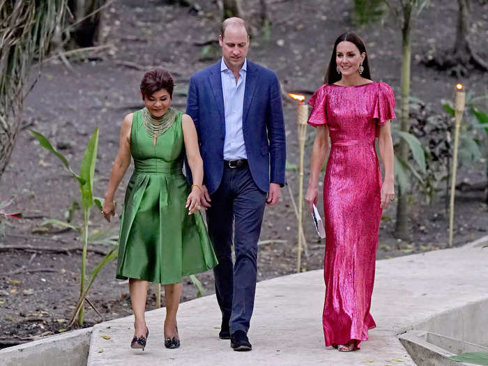 The duchess stunned in a shimmering pink gown for a Belize dinner reception.