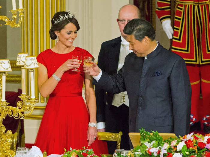 She looked regal in a red dress and diamond accessories at a state banquet in October 2015.
