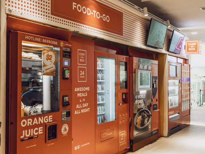 The first stop on our grand vending-machine tour took us to a series of bright orange machines that can be found all over Singapore. They dispense freshly squeezed orange juice and cooked meals within minutes.