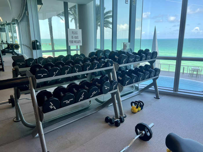 The fitness center includes a Technogym, cardio machines, and the same Iron Grip weights used by luxury gym Equinox. If only your West Village Equinox came with a beach view.