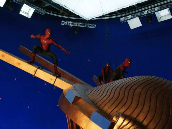 Maguire, Holland, and Garfield filmed the iconic shot in a studio.