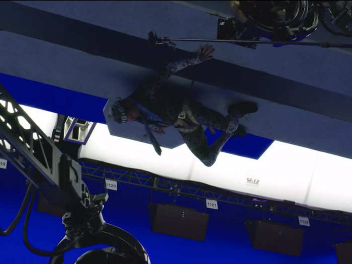 To film that moment, Holland was strapped to an overhead structure on the set.