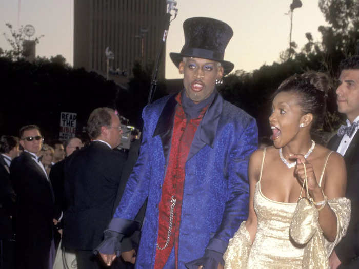 Former American basketball player Dennis Rodman attended the 1997 Oscars in an outfit that resembled Willie Wonka, complete with blue eyeshadow.