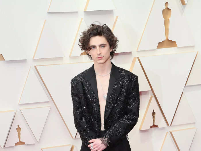 Timothée Chalamet went shirtless in a sparkly cropped jacket from Louis Vuitton