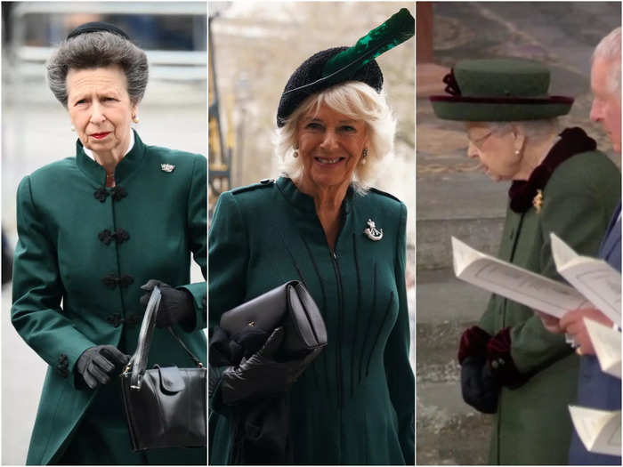 Princess Anne, the Duchess of Cornwall, Queen Elizabeth, and Queen Letizia of Spain (not pictured) wore dark green, thought to be a tribute to the duke