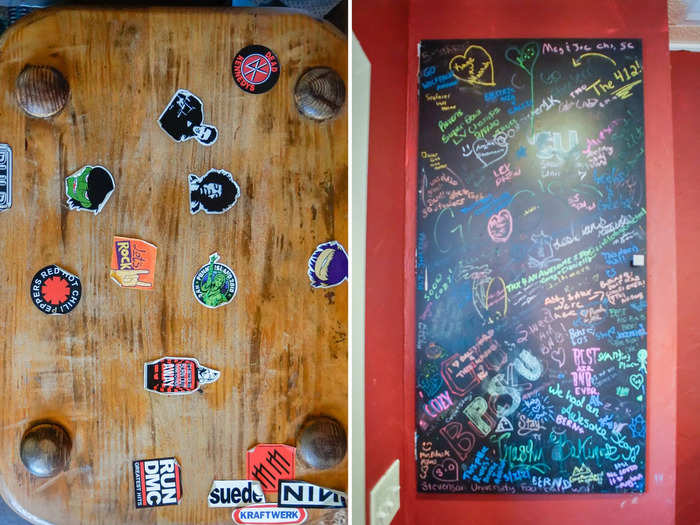 The home still felt like a bar, in my opinion, with dark walls and artsy details, from colored chalkboards to stickers and pictures alluding to bands and musicians.