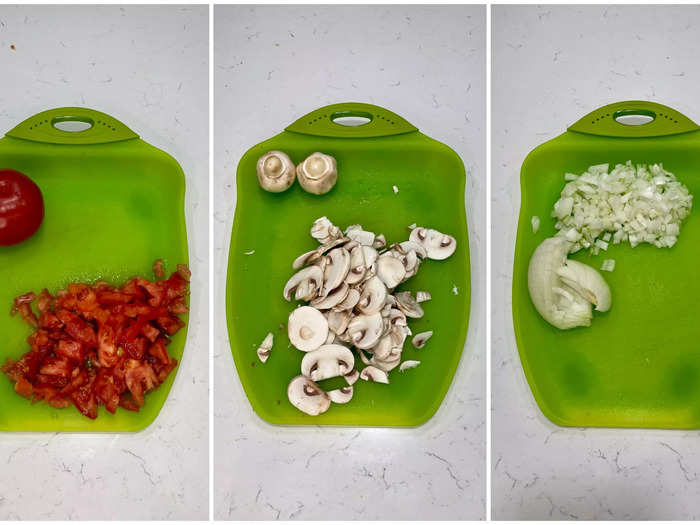 Roughly chop two tomatoes, slice one cup of button mushrooms, and roughly chop ½ cup of onion.