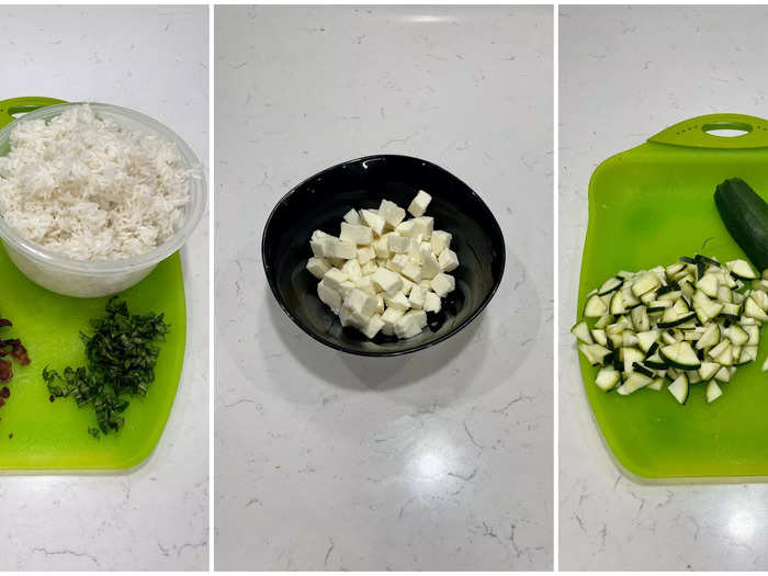 Broil four slices of smoked bacon in the oven, shred one tablespoon of basil, cook one cup of rice, dice four ounces of mozzarella cheese, and dice one cup of zucchini.