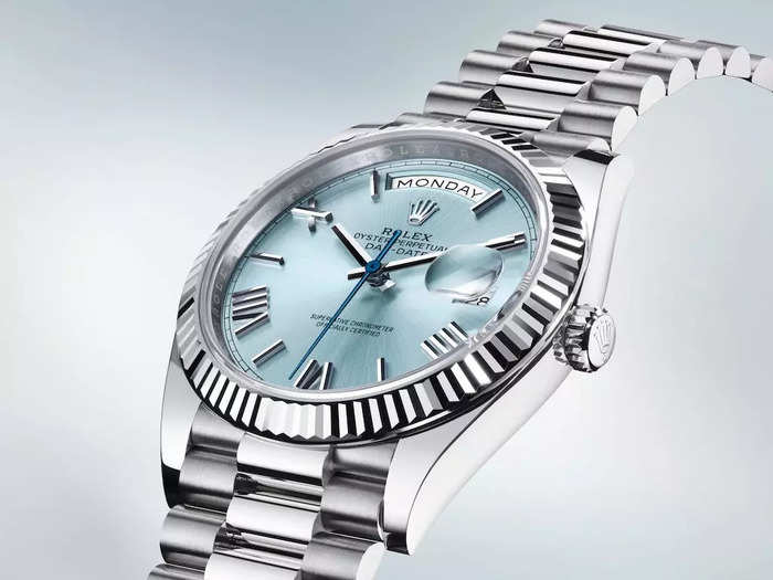 Next, the Day-Date 40 in platinum with its classic President bracelet, and, for the first time, the Rolex fluted bezel.