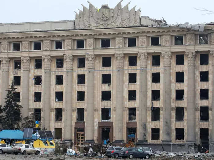 Russian missiles struck the square on March 1, littering it with debris.