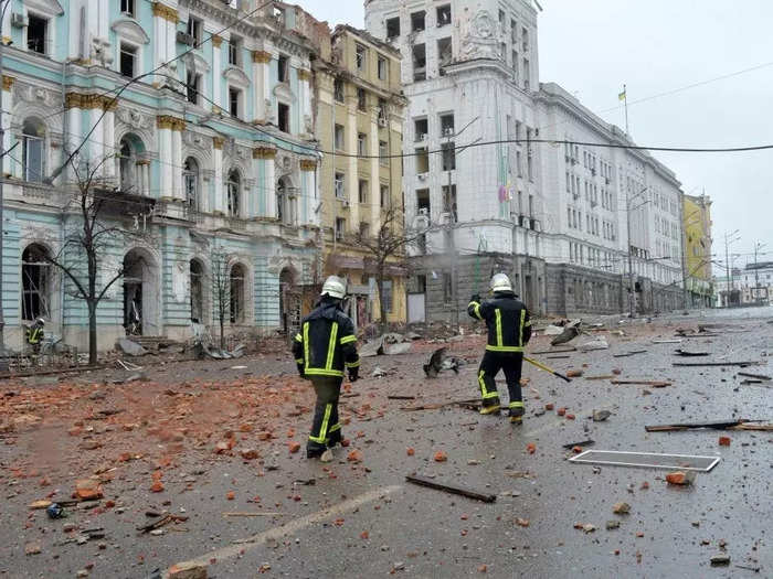 The colorful buildings sustained damage from Russian shelling.