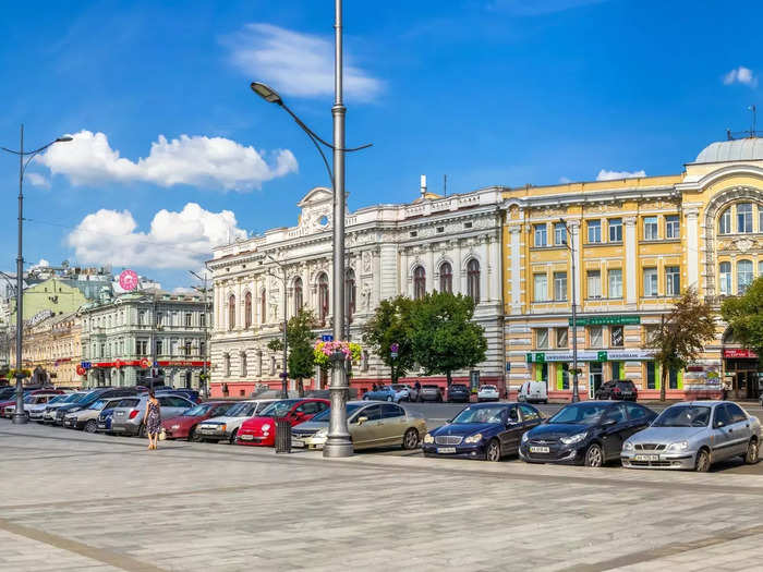 Constitution Square in the city center of Kharkiv features its city-council building and Palace of Labor.