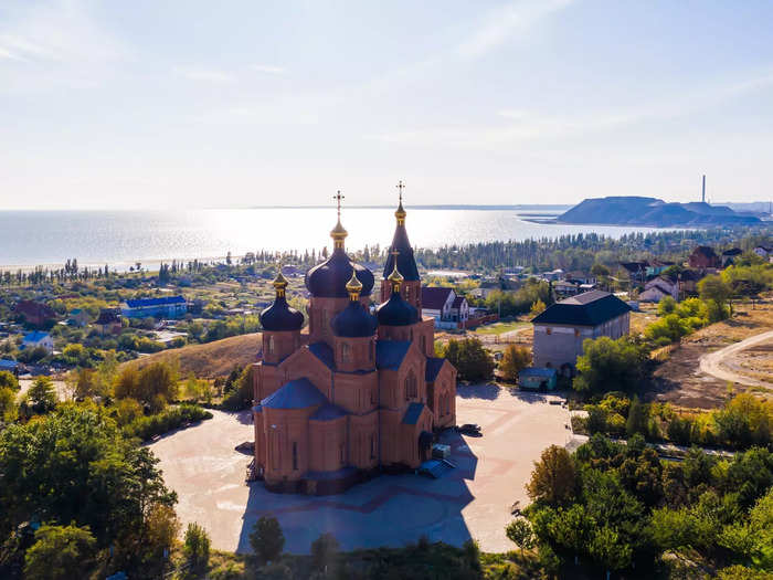 The Cathedral of the Archangel Michael in Mariupol sits at the shores of the Sea of Azov.