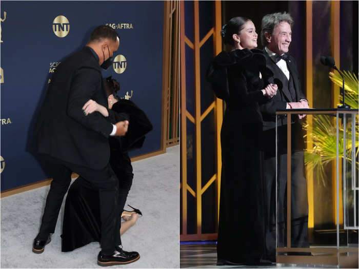 Selena Gomez had a wardrobe malfunction and made a fashion faux pas all in the same night at the 2022 SAG Awards.