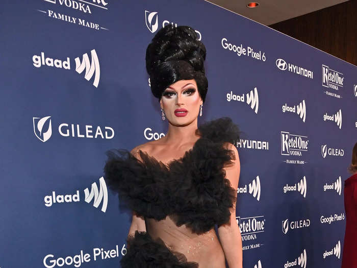 Singer and drag performer Rhea Litré showed some skin between layers of black tulle.