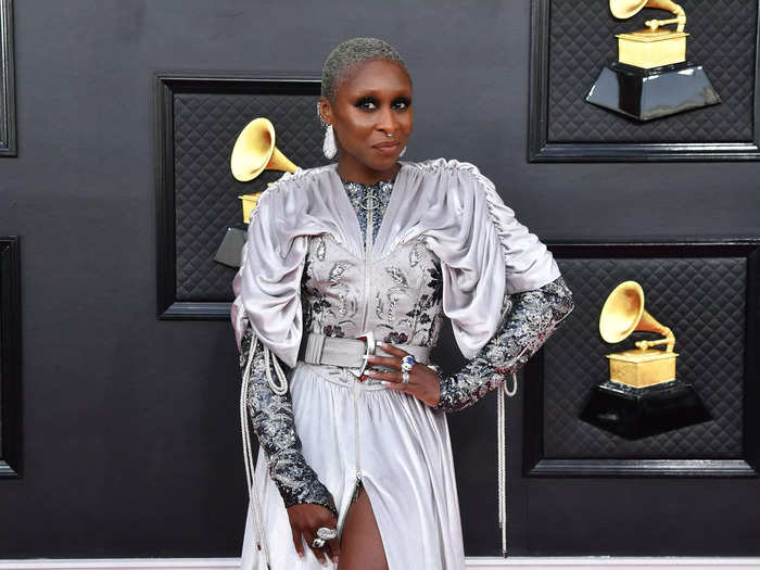 Cynthia Erivo was draped in silver Louis Vuitton on the Grammys red carpet.