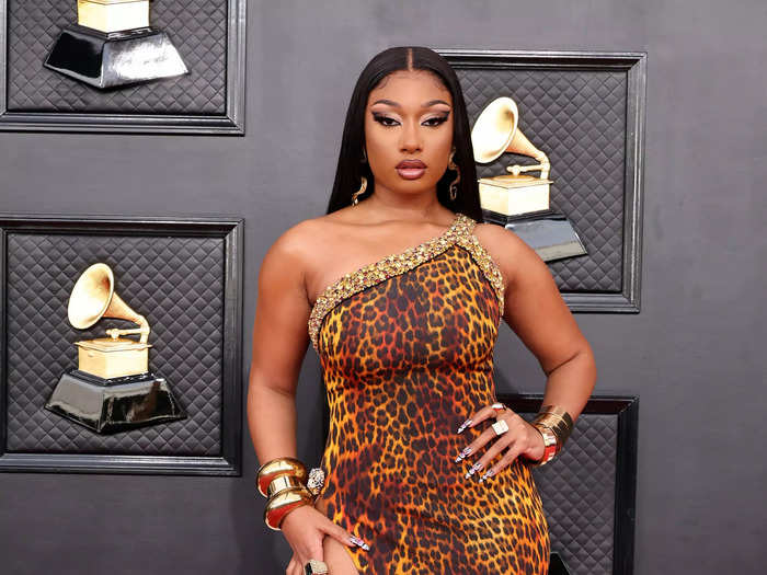 Megan Thee Stallion stunned in a cheetah-print dress with a thigh-high slit by Roberto Cavalli.