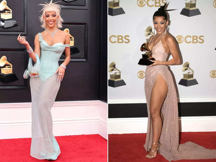 Doja Cat ditched her baby-blue corset dress for a glamorous tan gown that had a plunging neckline and thin straps.