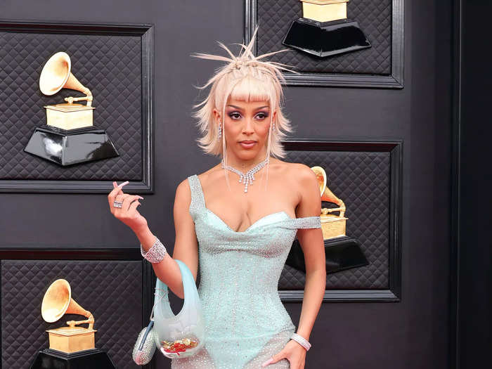 Doja Cat wore a sheer one-shoulder mint-green gown by Versace to the 2022 Grammys.