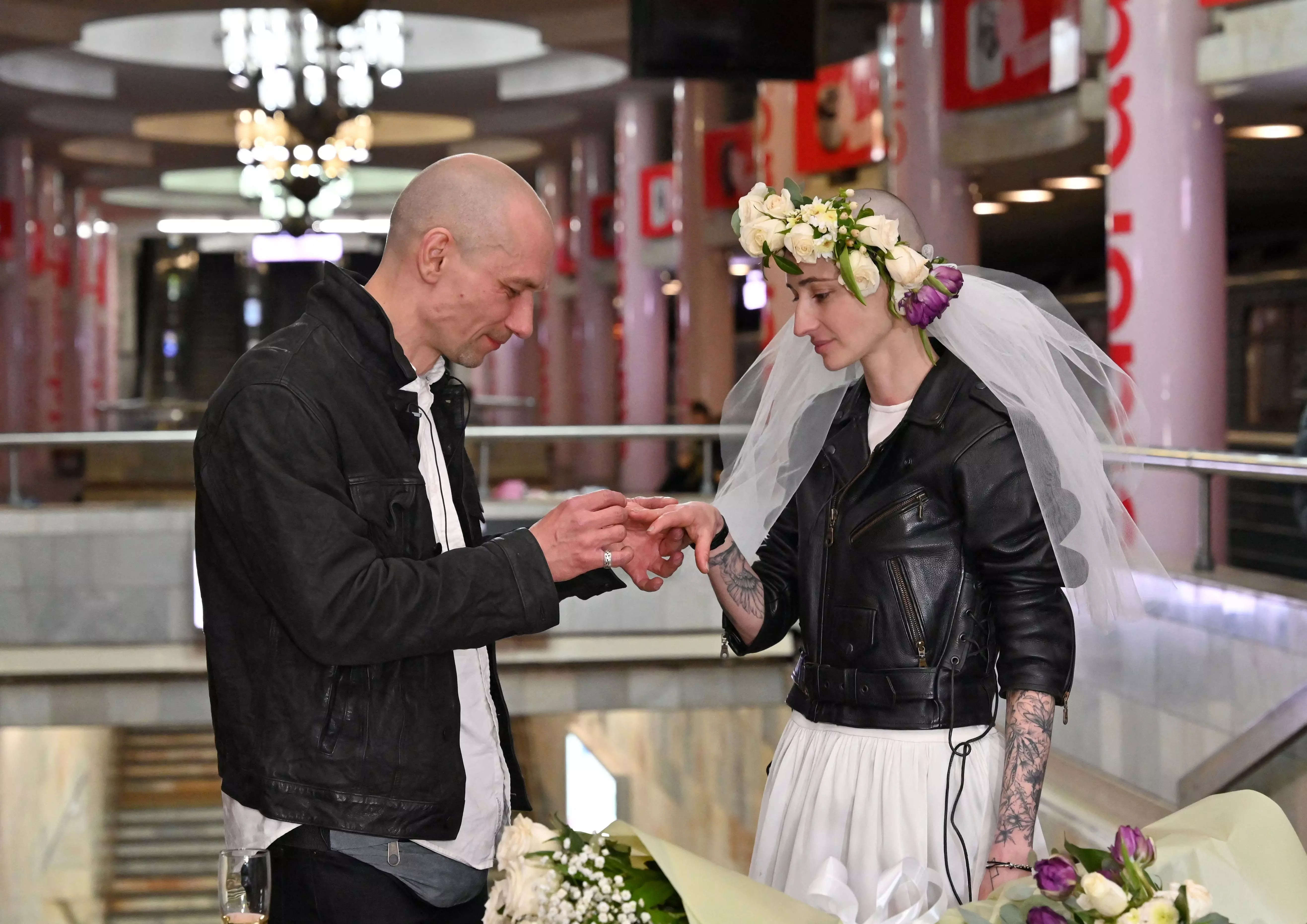 A Ukrainian couple get married in a metro station.