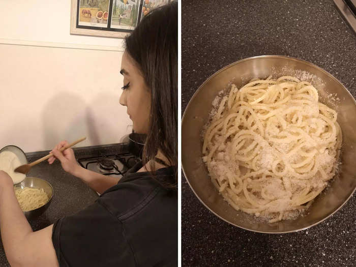 Place the pasta in a mixing bowl and slowly add the cheese mix with spoonfuls of pasta water until the spaghetti is coated. Alternate adding the pepper and cheese.