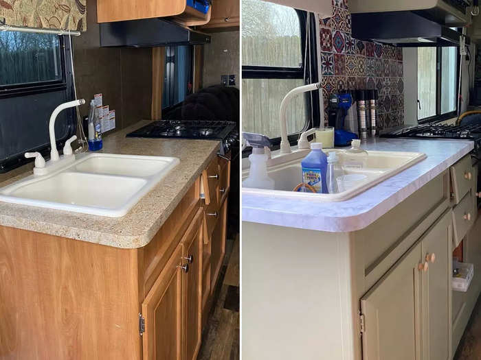 McLarry used contact paper to give the countertops in the kitchen and bathroom an updated look.