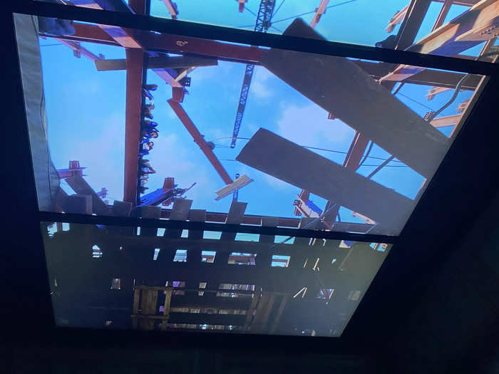 Possibly to distract people from going 80 floors in under 60 seconds, the ceiling of the elevator played a video that makes it look like the building is being constructed as you go.