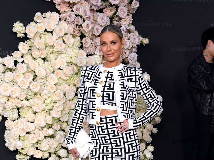 "Real Housewives of Beverly Hills" star Dorit Kemsley wore a black and white coordinated skirt, top, and jacket with platforms.