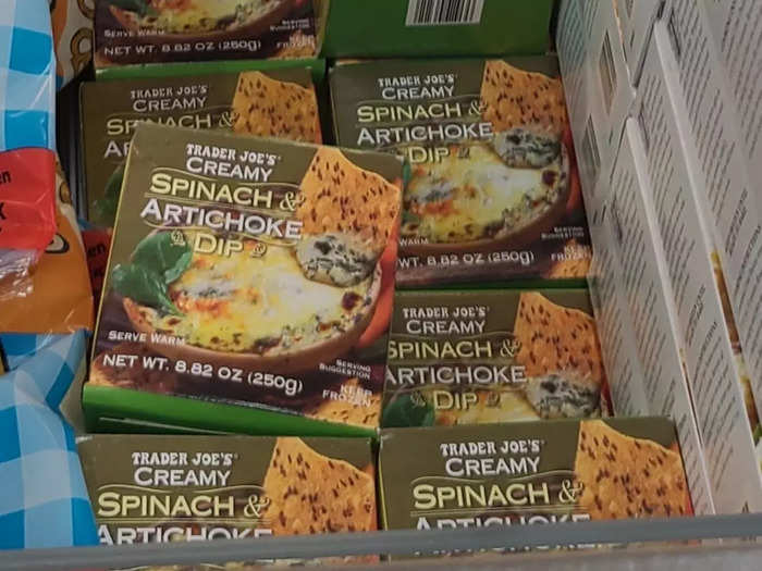 I keep a box of the creamy spinach-and-artichoke dip in my freezer.