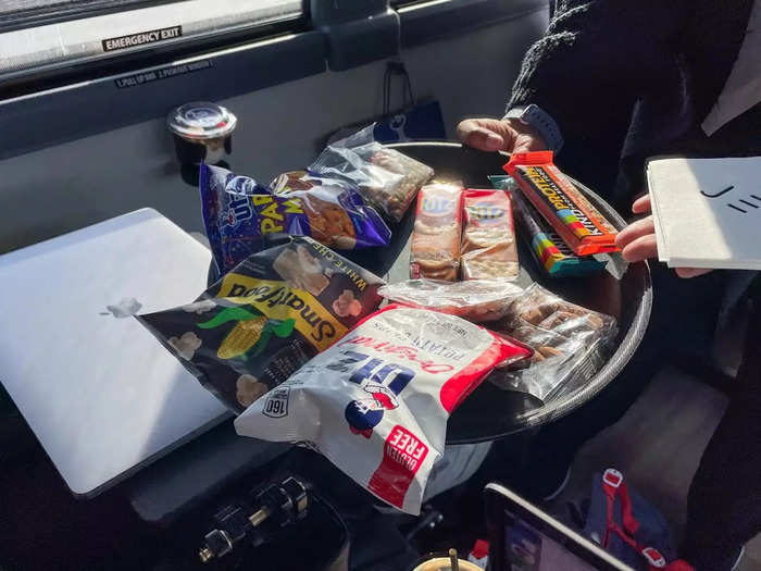 Passengers on both carriers have their pick of snacks like granola bars, chips, nuts, and crackers and beverages like coffee, teas, and sodas.