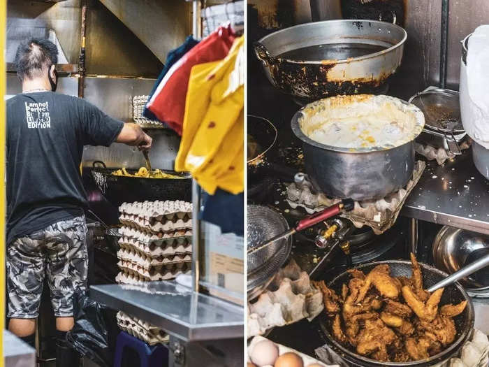 One cook from each stall prepares dozen ingredients that collectively form a nasi lemak dish.