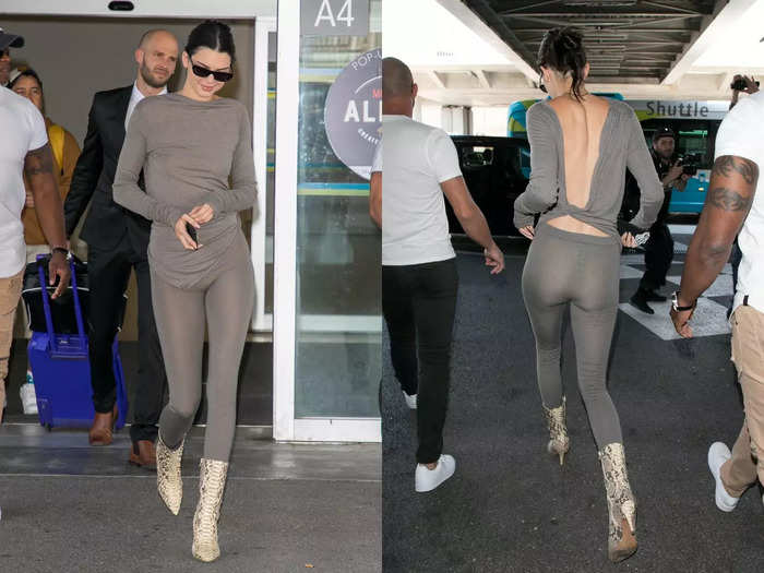 Kendall Jenner wore a pair of slightly see-through leggings while arriving in Nice, France, in 2018.