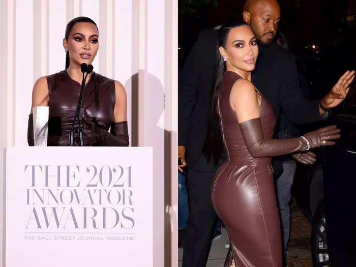 Kim Kardashian had a fashion emergency when her dress unzipped itself at the 2021 Innovator Awards.