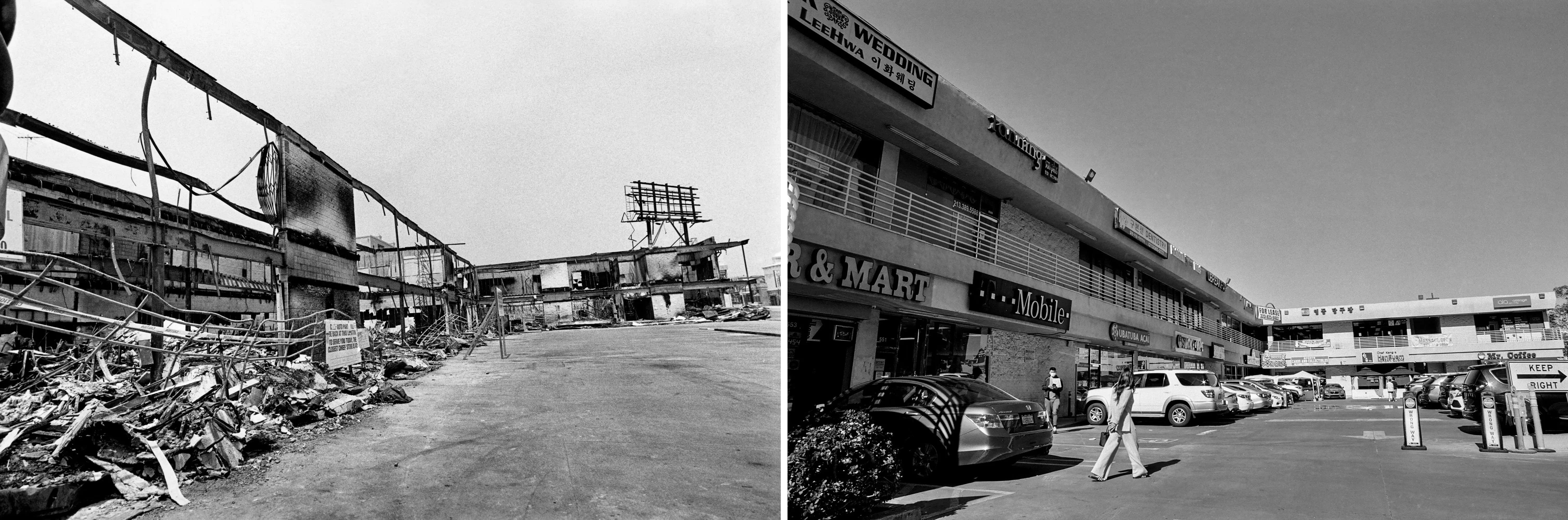 Two pictures are shown side by side: On the left, a shopping center has been destroyed; on the right, it