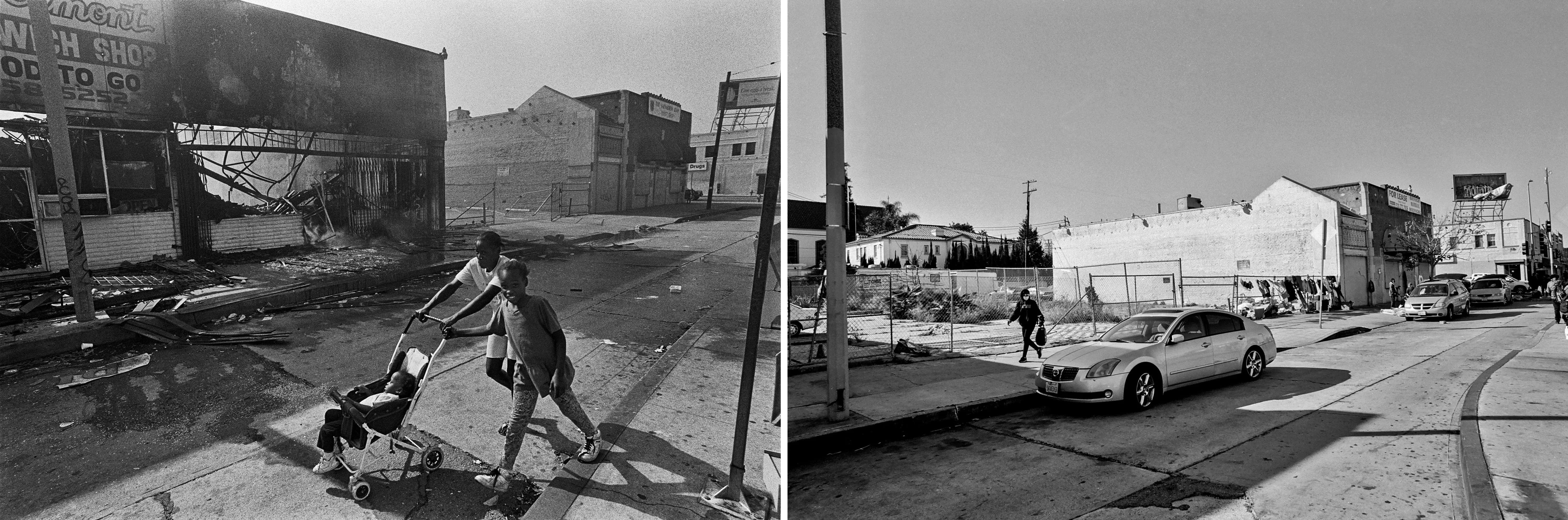 Two pictures are shown side by side: On the left, two people push a stroller past burnt buildings; on the right, buildings aren