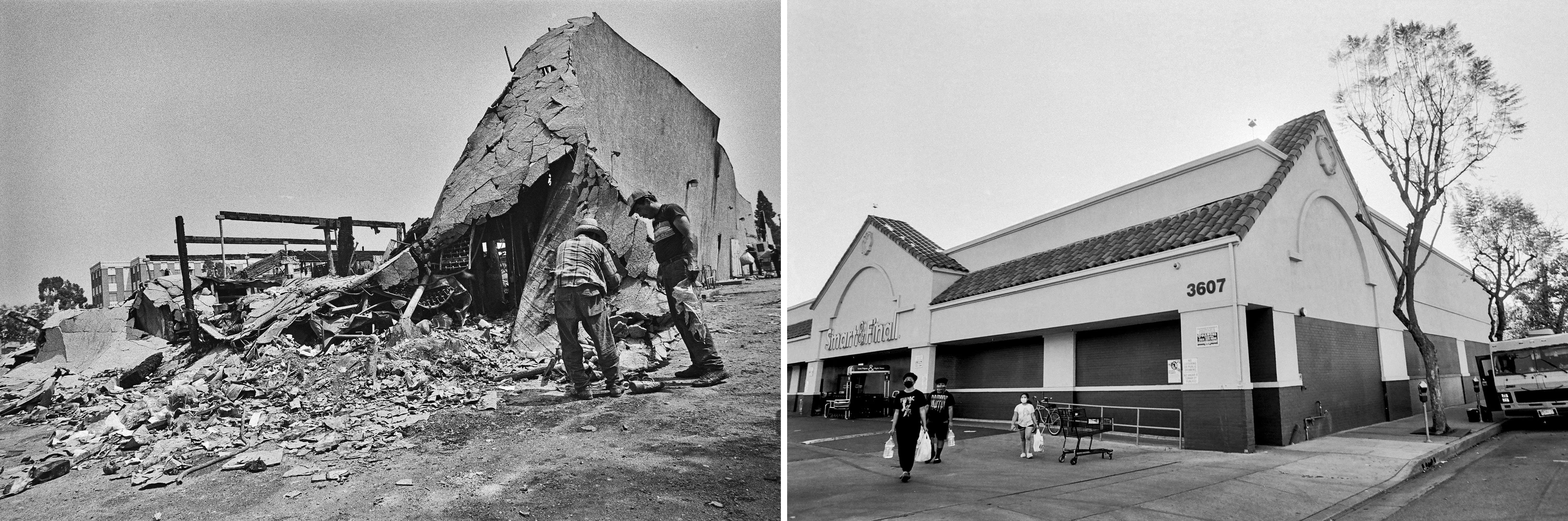 Two pictures are shown side by side: On the left, a destroyed building; on the right, a shopping center.