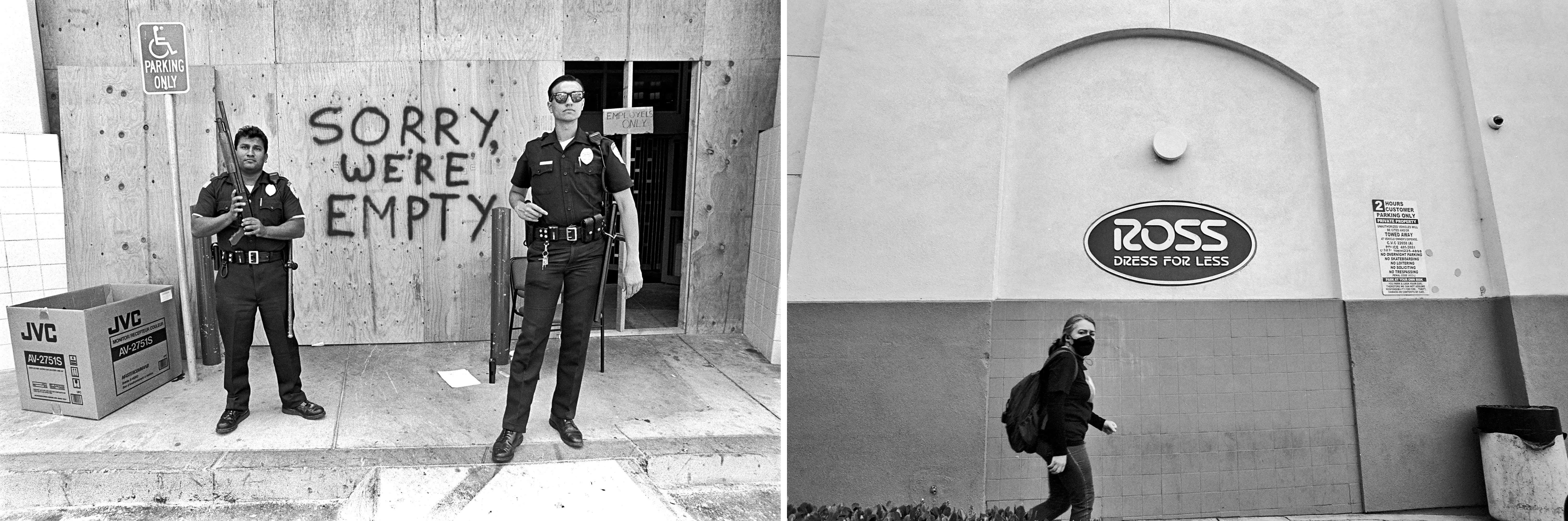 Two pictures are shown side by side: On the left, two guards stand in front of a building; on the right, someone walks past a building.