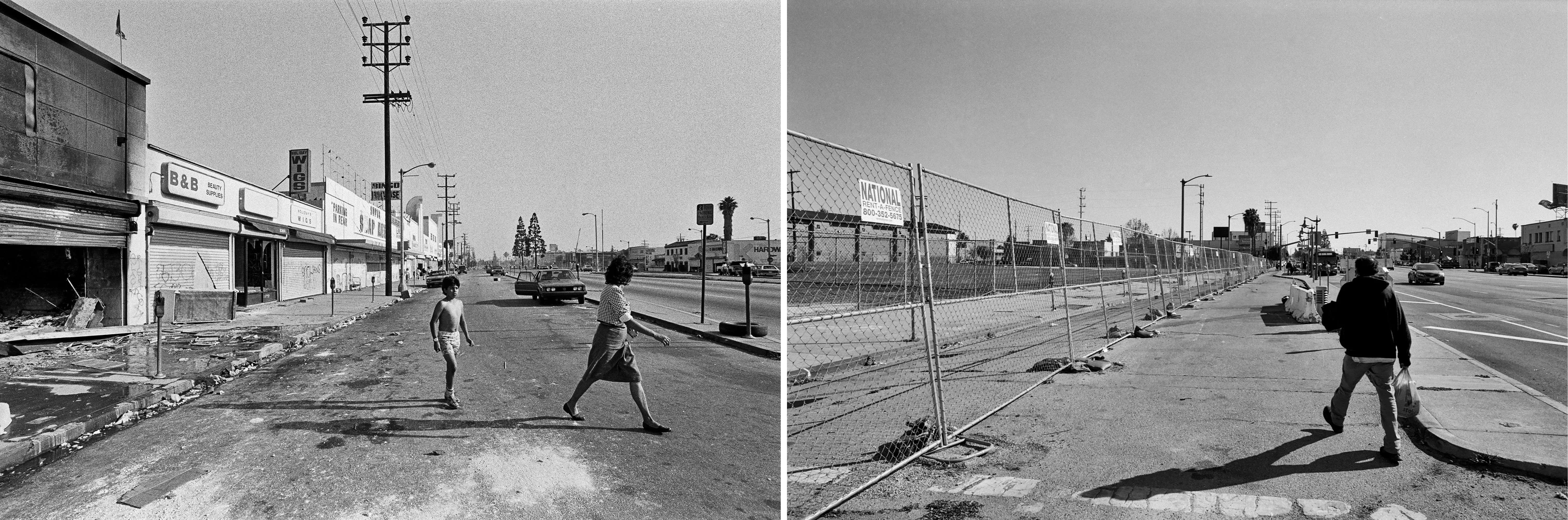 Two pictures are shown side by side: Both scenes show an open road with people walking across it.