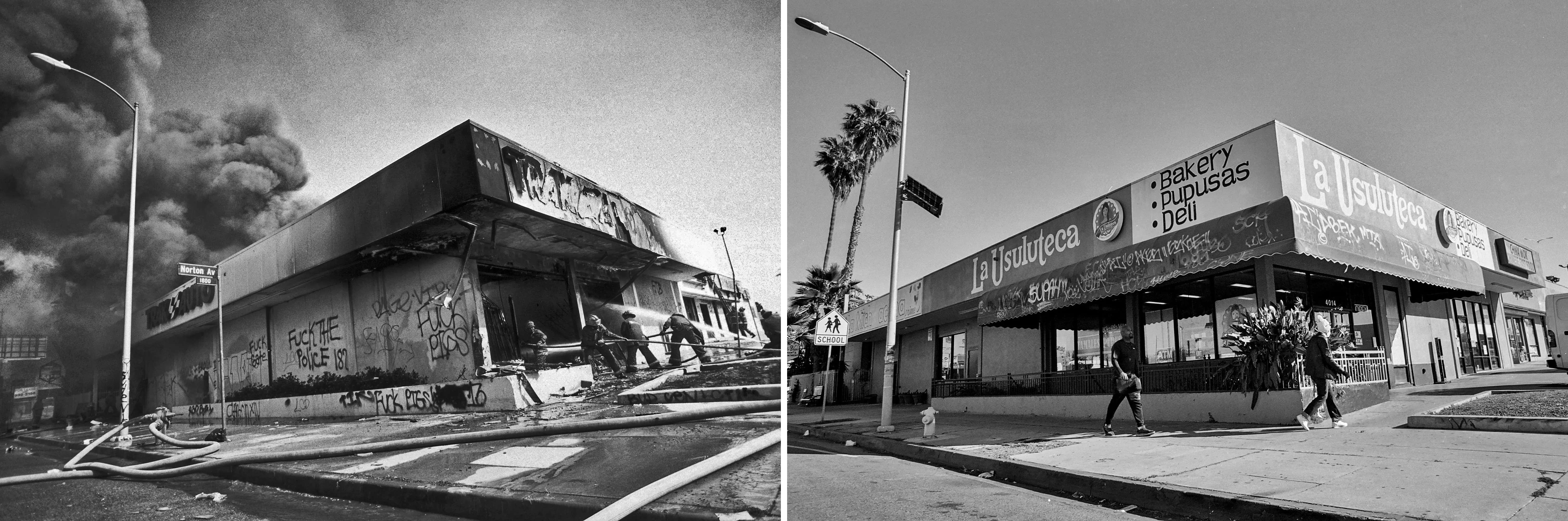 Two pictures are shown side by side: On the left, a shopping center is in flames; on the right, it