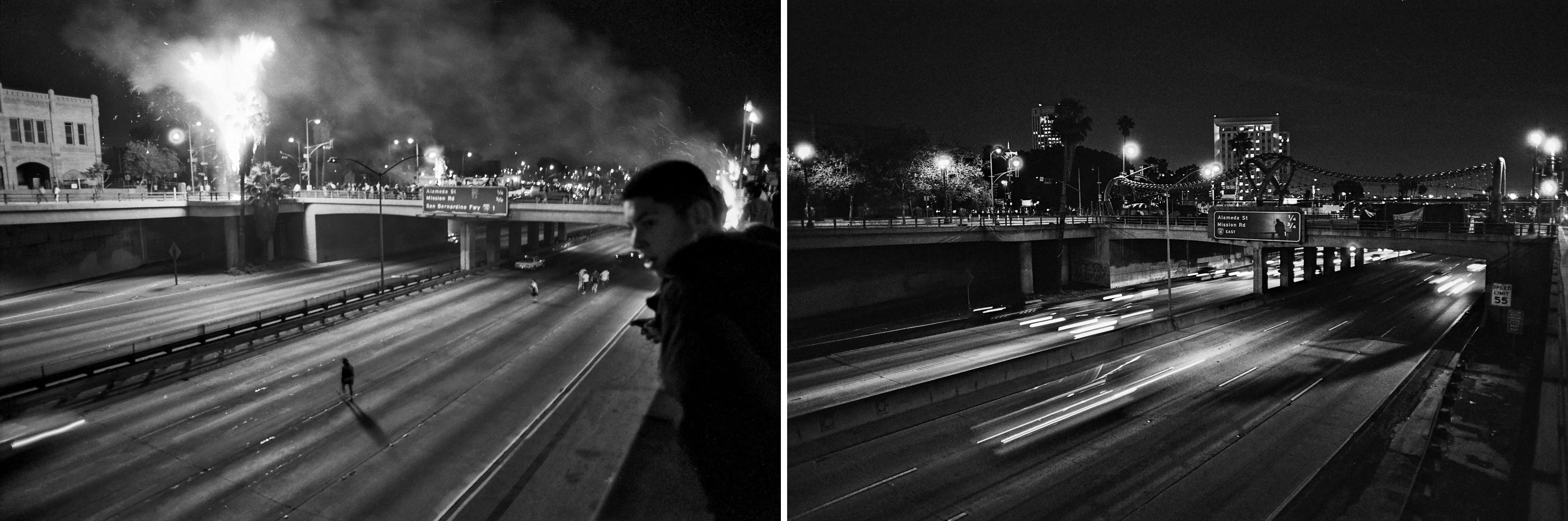 Two pictures are shown side by side: On the left, man is seen walking down the middle of the highway; on the right, the same highway is seen with cars moving normally .