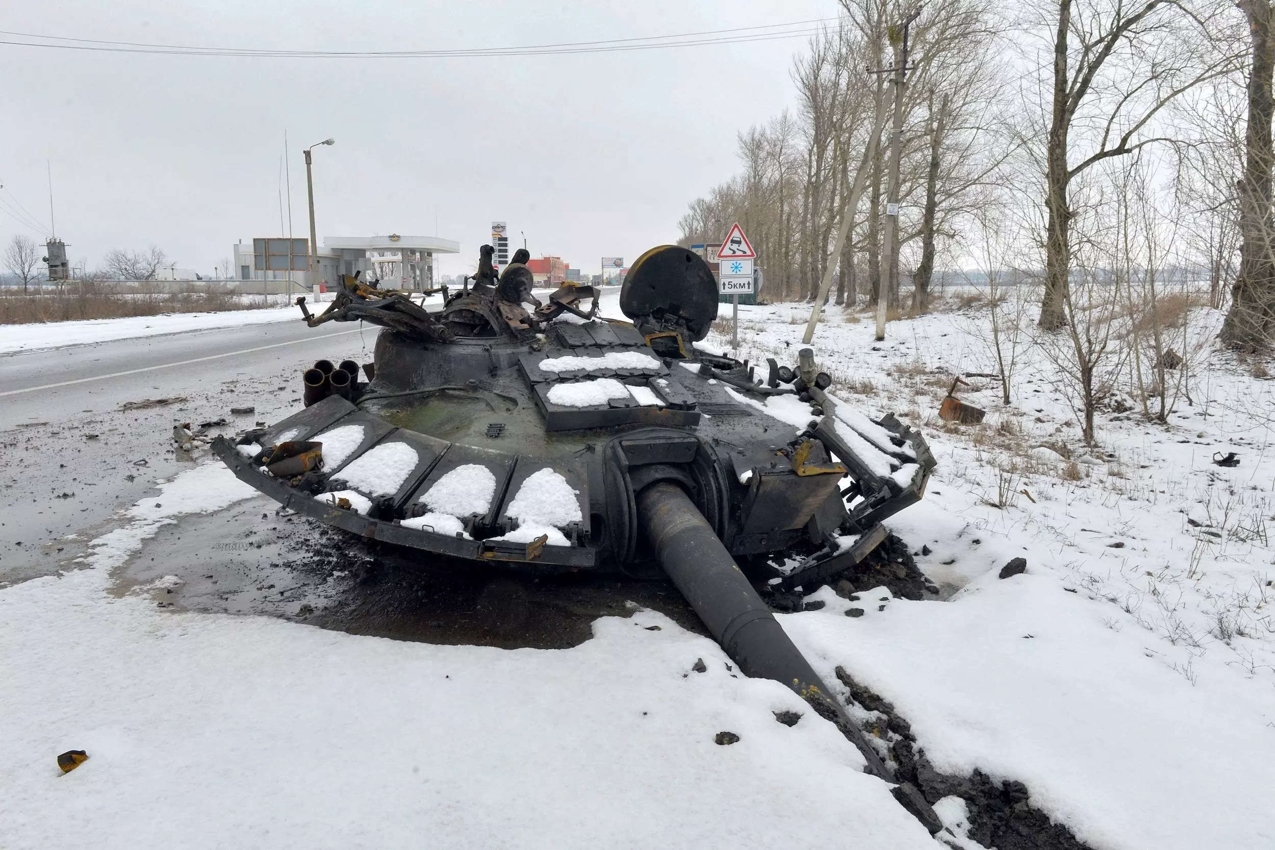 A piece of a Russian tank along a road outside of Kharkiv, Ukraine.