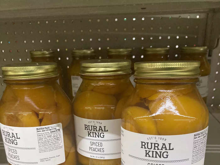 Rural King also offered an entire shelf of private label products, like jams and spiced peaches.