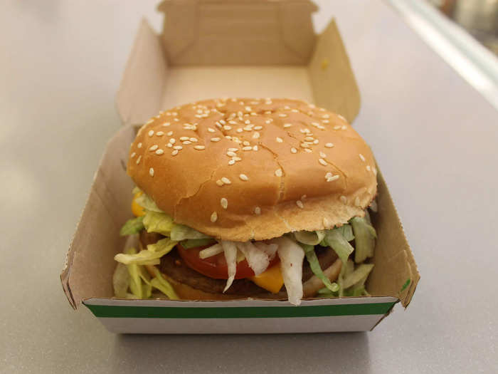 My first impression of the McPlant is that it tastes just like a Big Mac — seriously. I noticed that they put Big Mac sauce on it, or something similar, because I recognized the subtle sweet tang right away.