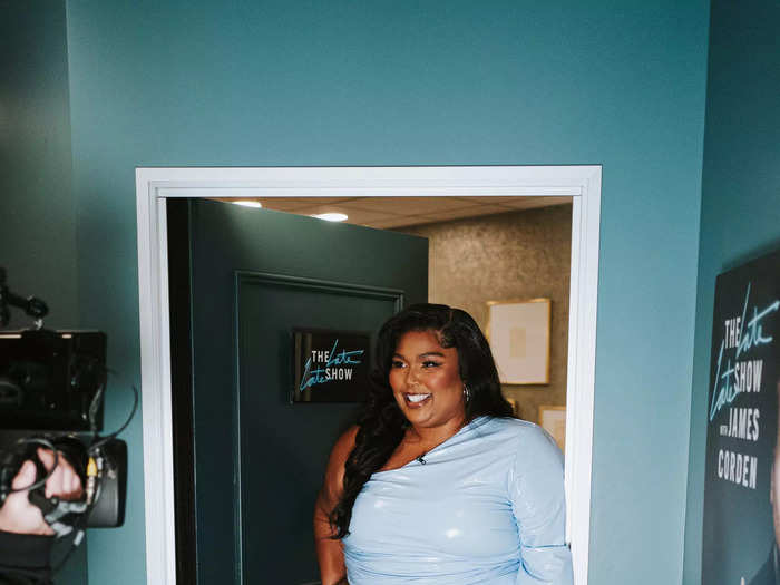 Appearing on "The Late Late Show with James Corden" in March, Lizzo wore a baby-blue latex dress.