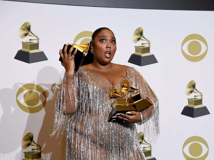 Later at the 2020 Grammy Awards, Lizzo changed into a delicate sparkly sheer dress.