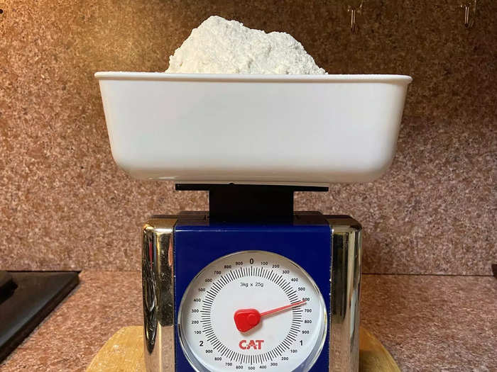 I used a weighing scale to measure the dry ingredients before adding them to a standing mixer.