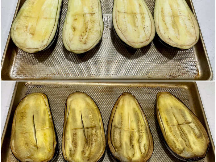 Coat each piece of eggplant with olive oil on a baking tray and pop it into the oven for 20 minutes.